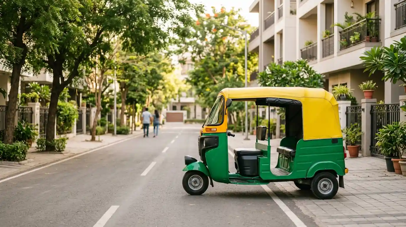 Traditional green and yellow auto rickshaw parked on a Navrangpura Ahmedabad street