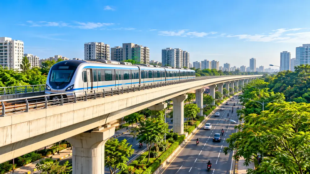 Ahmedabad elevated metro train on track connecting railway stations to Navrangpura