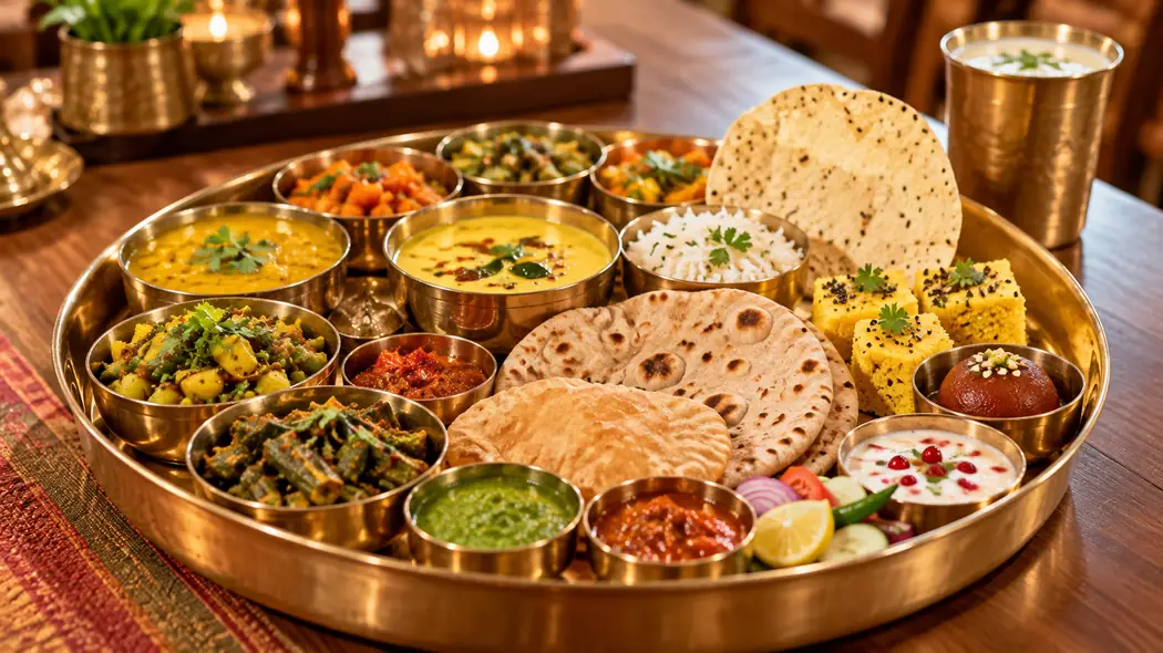Traditional Gujarati vegetarian thali with bowls of vegetables, rotis, and sweets served in shiny brass tableware