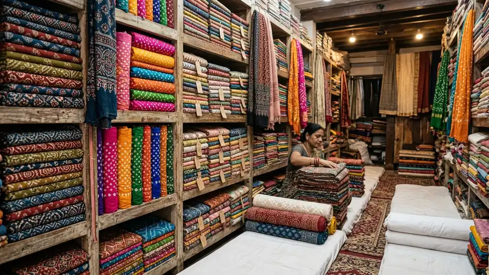 Traditional textile shop in Dhalgarwad with pure cotton Ajrakh and Bandhani fabric rolls on wooden shelves