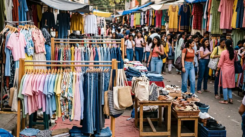 Lal Darwaja street flea market clothing racks with western tops, denim jeans, and footwear in natural sunlight