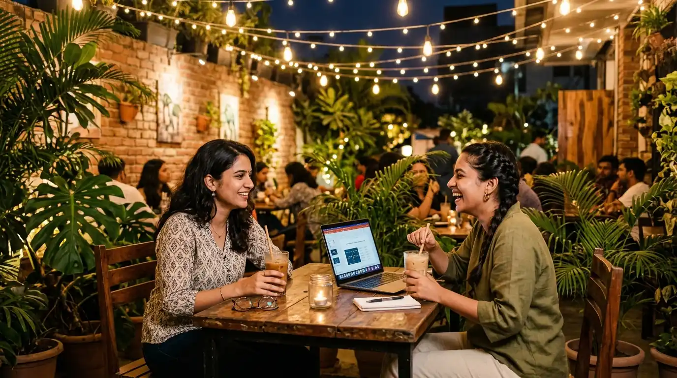 Young female professionals having iced coffee with laptop at an open-air cafe in Navrangpura Ahmedabad