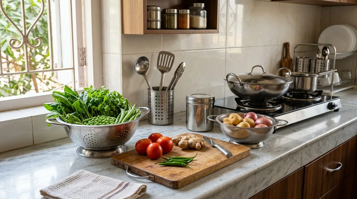 Hygienic domestic kitchen counter with fresh seasonal vegetables