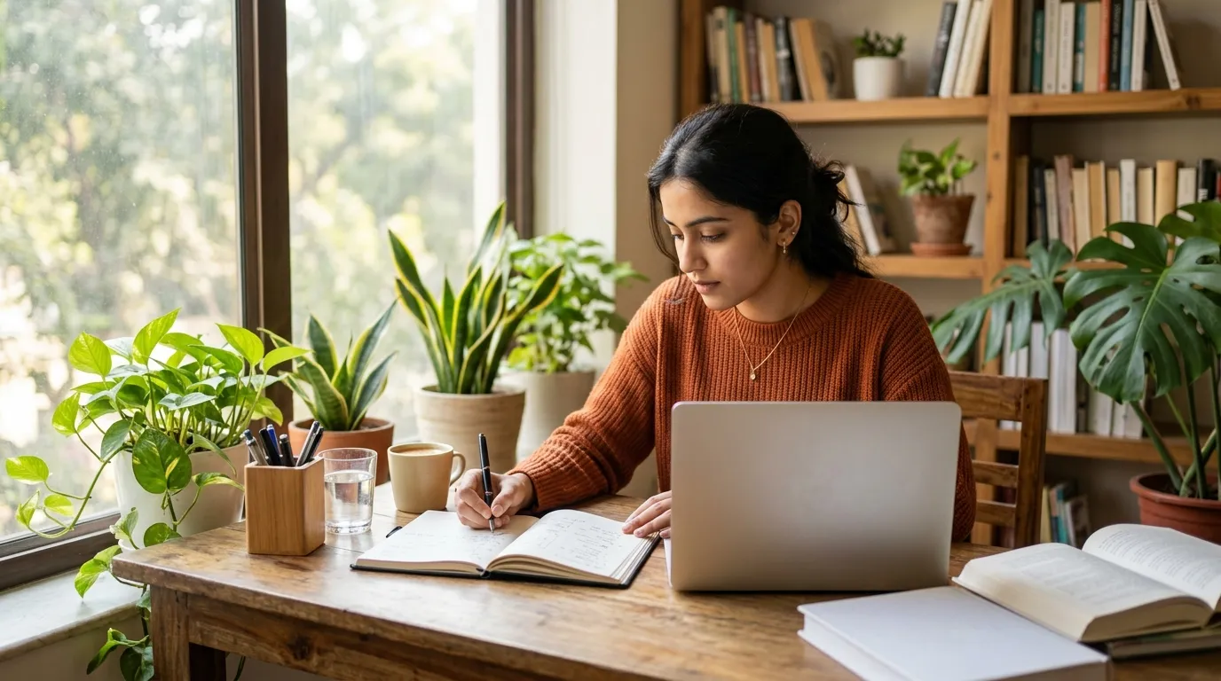 Focused student studying coding at a clean desk with books and laptop