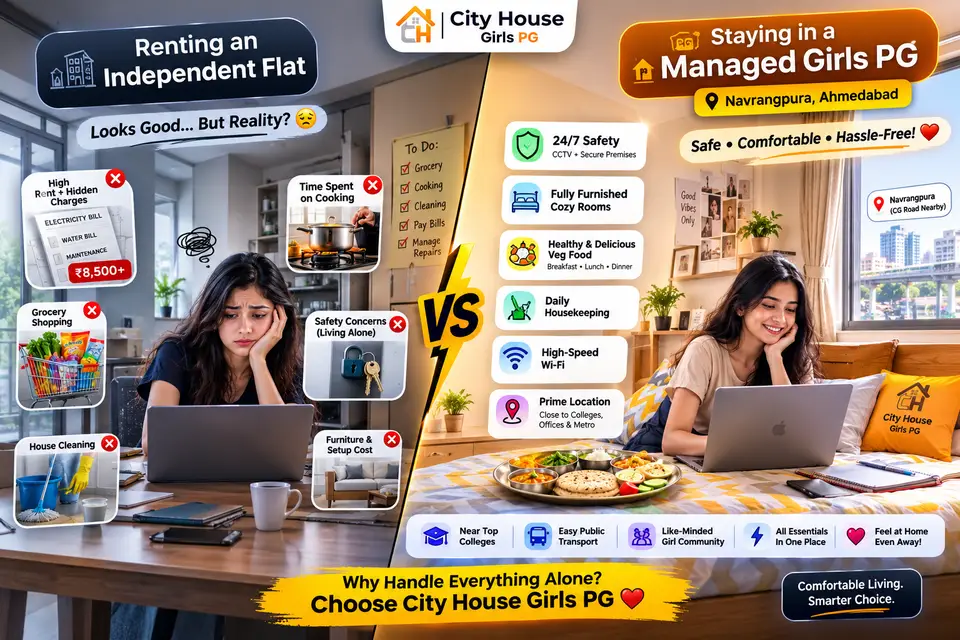 Renting an Independent Flat vs Staying in a Managed Girls PG Comparison Infographic Guide