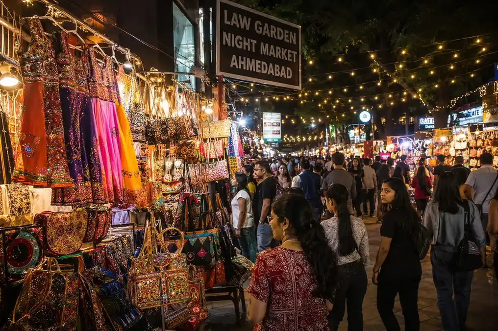 Busy Law Garden Night Market in Ahmedabad with traditional mirror-work clothing on display