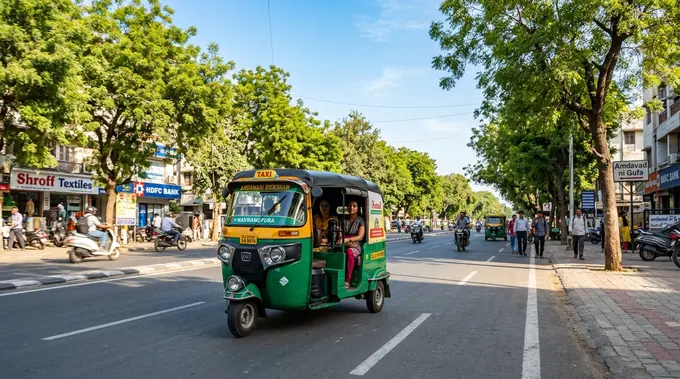 Traditional green and yellow auto-rickshaw driving on a tree-lined street in Navrangpura Ahmedabad