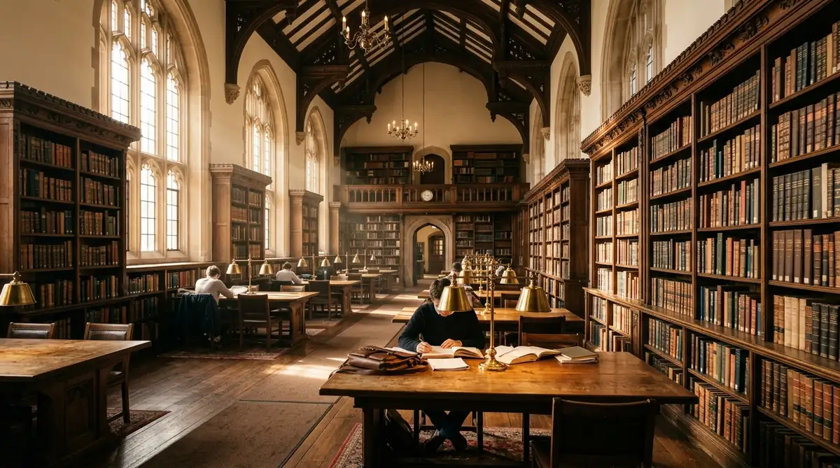 Historic heritage reading library hall with vintage wooden bookshelves and study desks in Ahmedabad