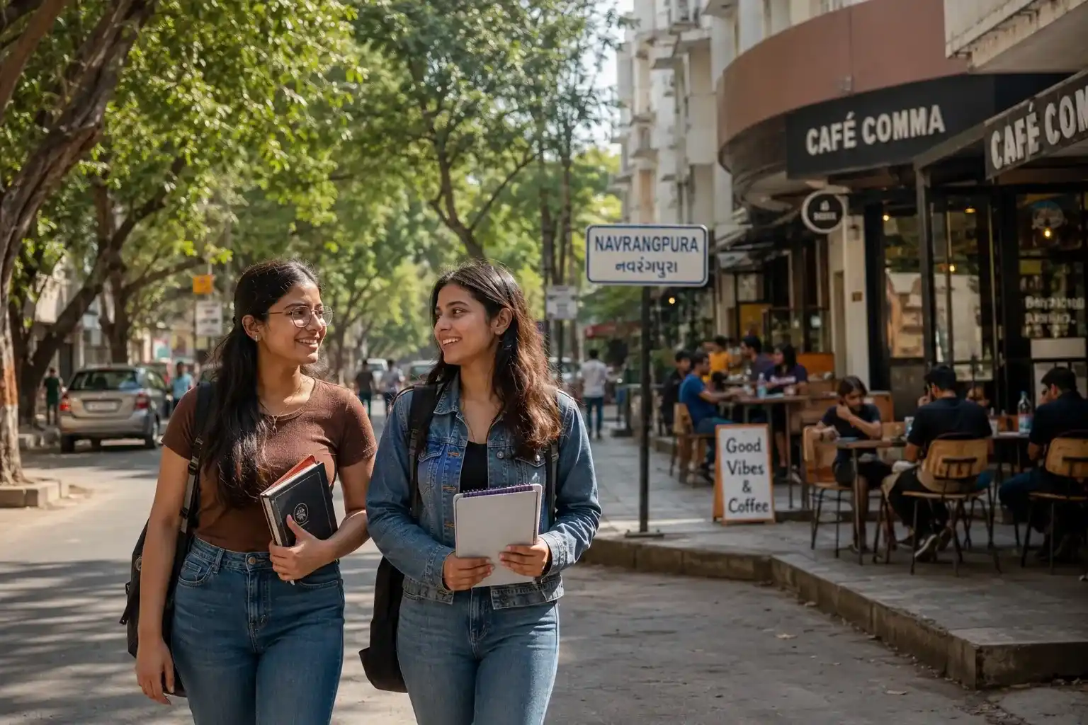 Two female college students walking past Cafe Comma in Navrangpura Ahmedabad