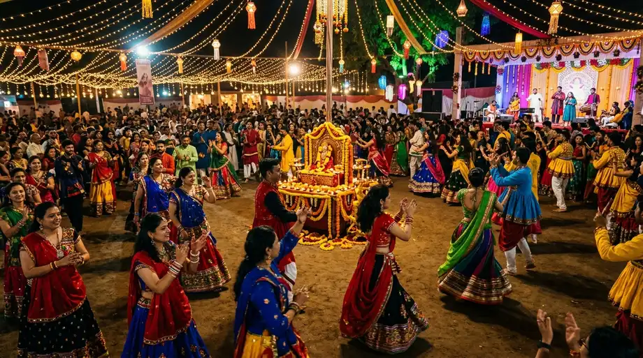 Traditional Gujarati Garba Circle Dance Celebration at Night in Ahmedabad