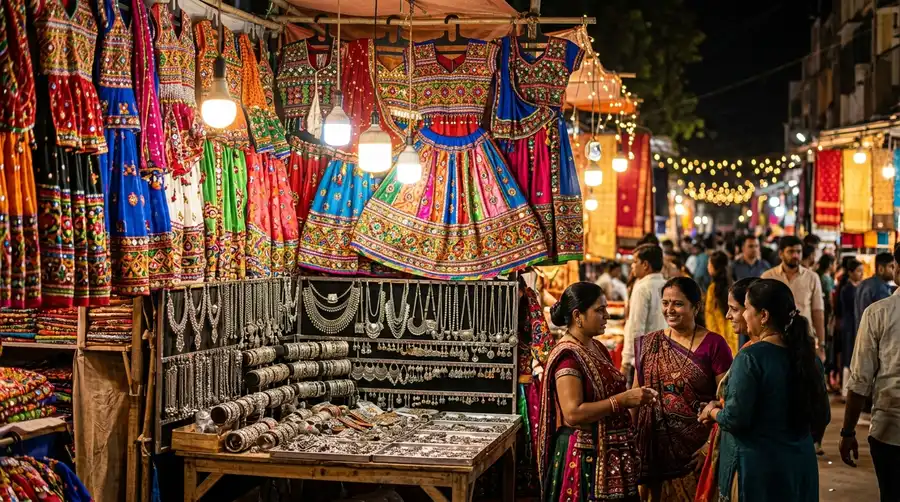 Law Garden Night Market Display of Kutchi Chaniya Cholis and Oxidized Jewelry