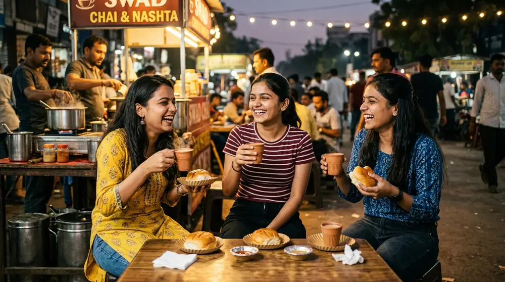 Female Friends Enjoying Post Garba Midnight Kulhad Tea and Maska Bun in Navrangpura