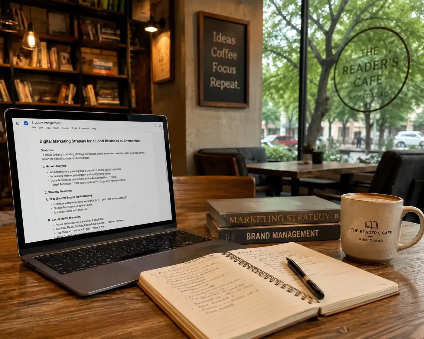 Laptop displaying a digital marketing student assignment at The Reader's Cafe in Navrangpura Ahmedabad