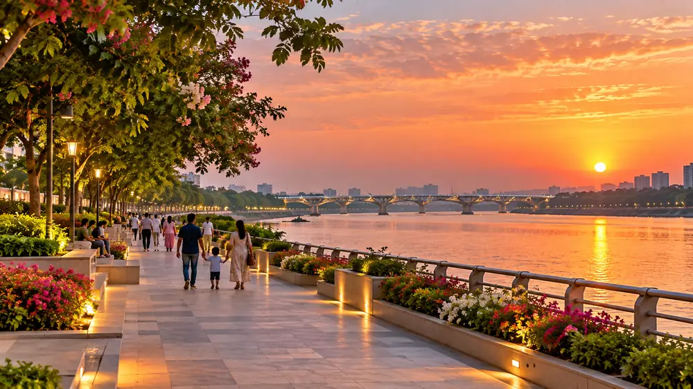 Pedestrian walkway of Sabarmati Riverfront promenade in Ahmedabad during sunset