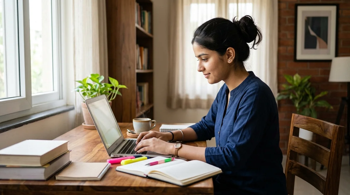 Female student studying on laptop at dedicated quiet study desk in Navrangpura Ahmedabad PG