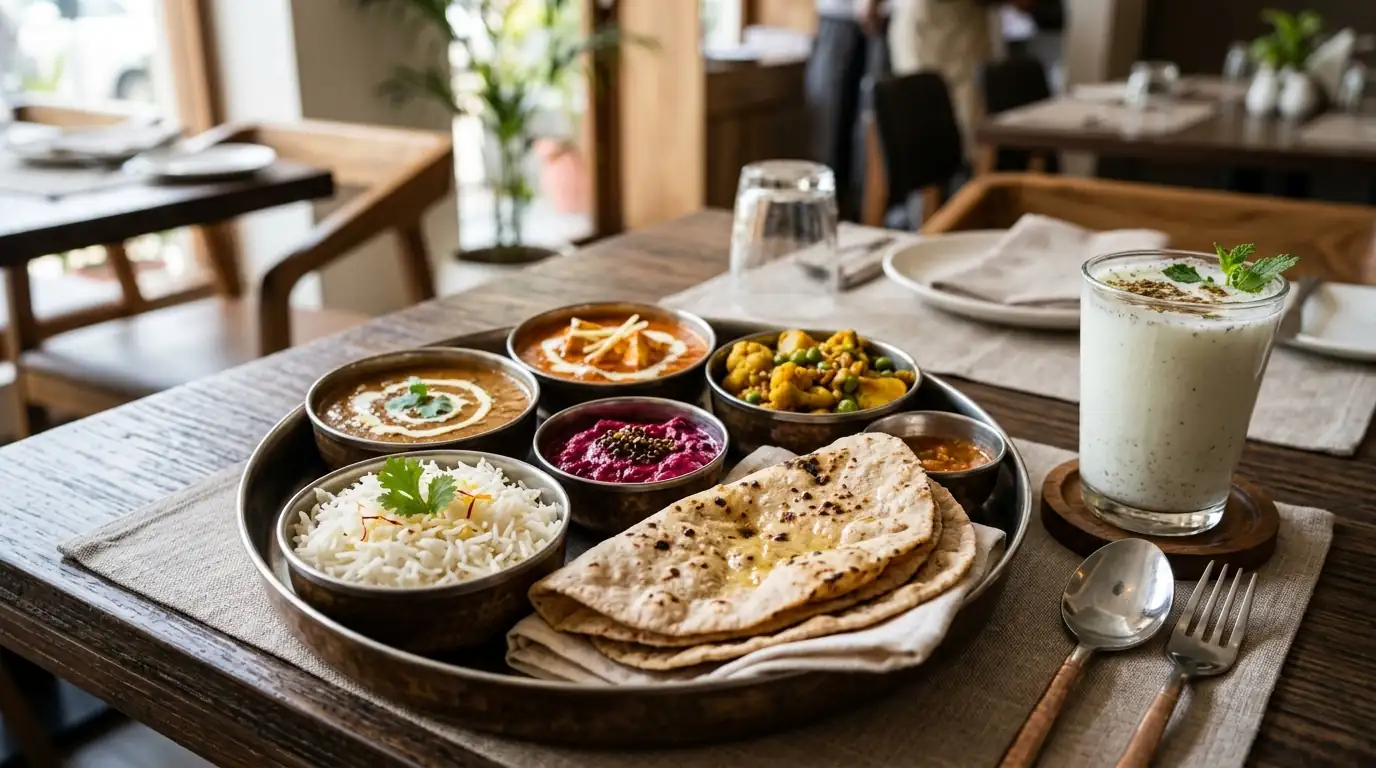 Vibrant vegetarian thali with curries, rotis, rice, and fresh buttermilk in Navrangpura Ahmedabad