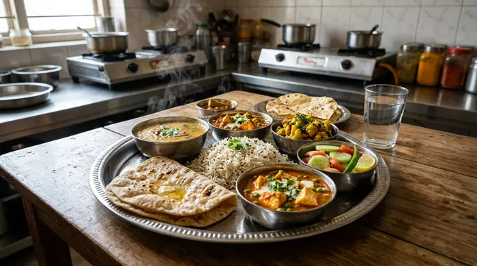 Delicious traditional pure vegetarian lunch thali platter served fresh at City House Girls PG Ahmedabad