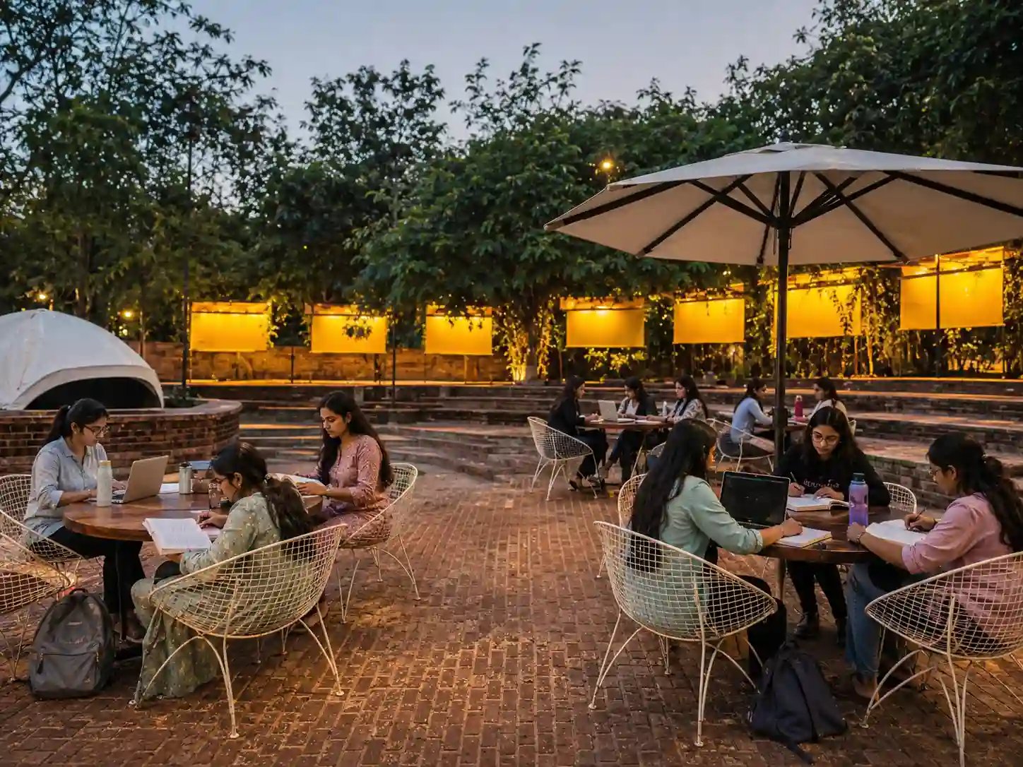 Artistic open-air seating area at Zen Cafe next to Amdavad ni Gufa CEPT campus Ahmedabad